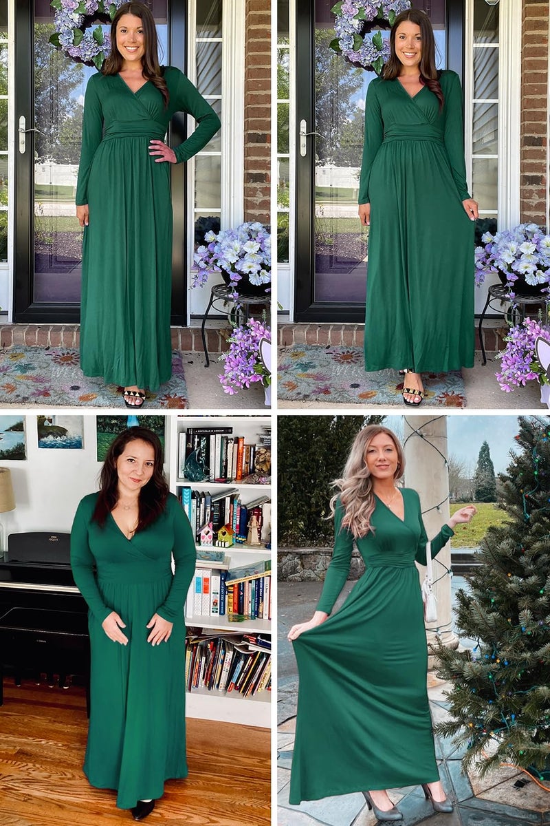 OUGES Womens Long Sleeve Green Dress V-Neck Wrap Waist Maxi Dress(Green,XL) - Image 3